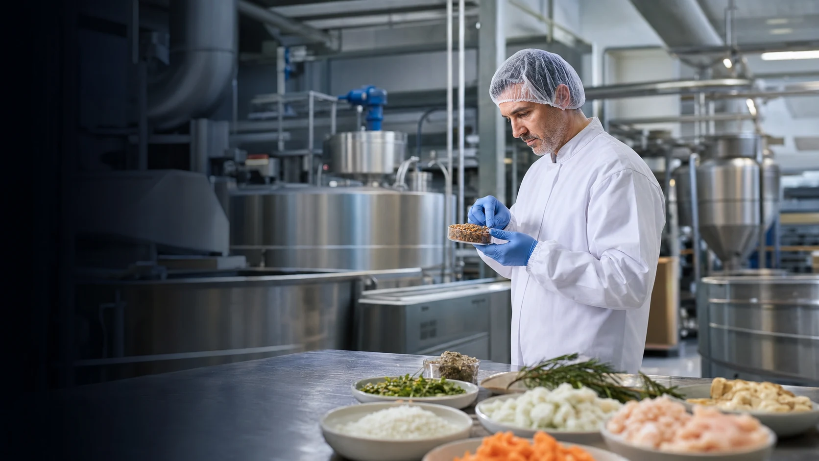 Profesional revisando ingredientes en una instalación de producción alimentaria