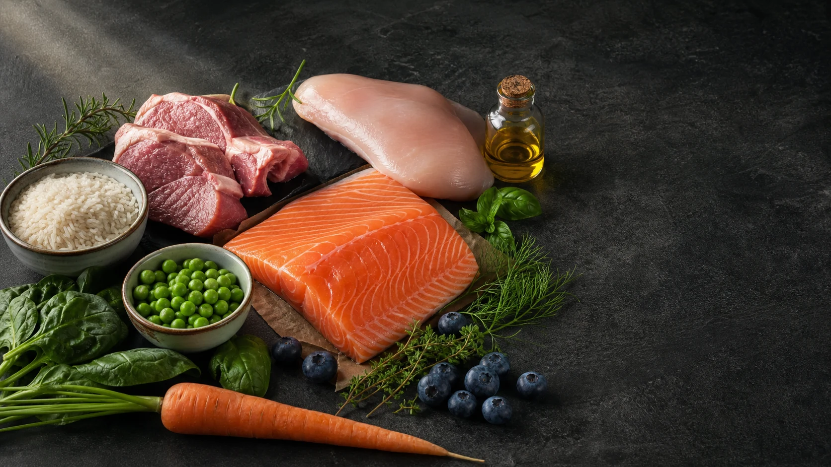 Salmón, pollo, carne, arroz, vegetales y aceite seleccionados